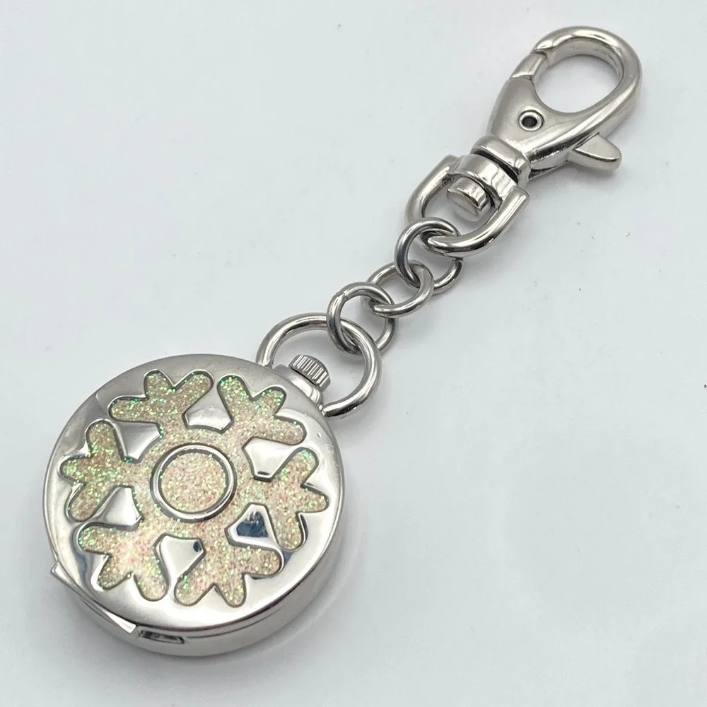 Women's Key Ring Watch Snowflake Silver Tone Blue Dial Winter 32mm New Battery